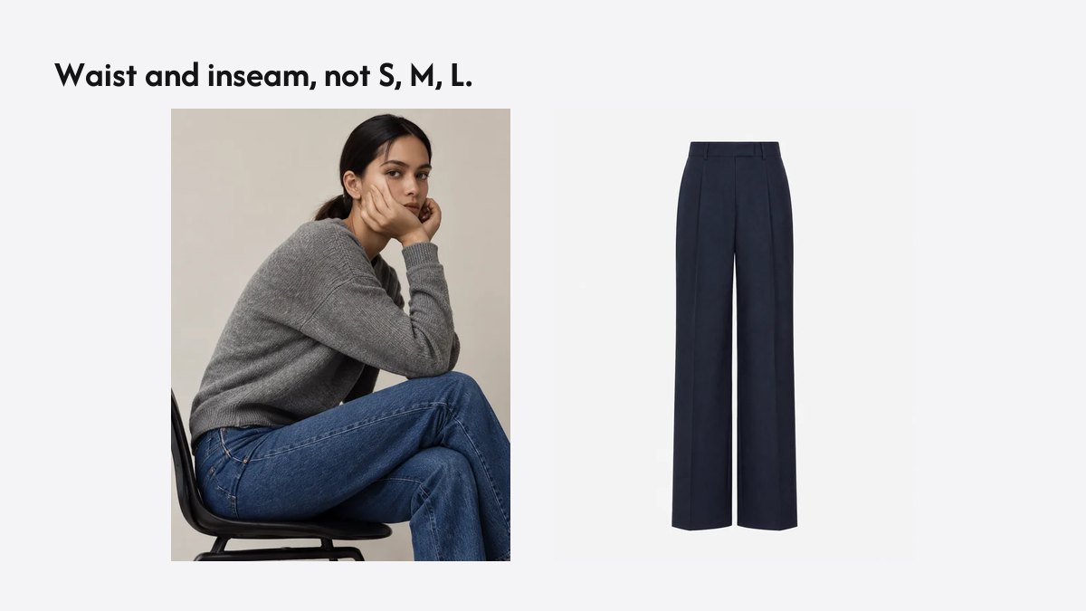 A model in a grey knit and straight-leg denim beside a pair of wide-leg trousers