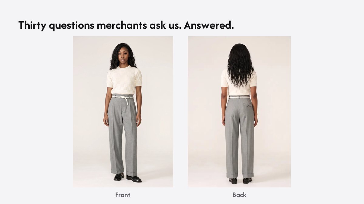 A Garu render of a shopper in grey trousers, front and back