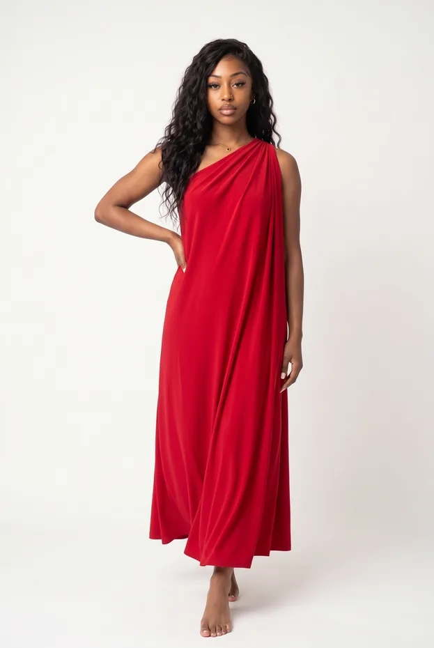 A shopper rendered in a red one-shoulder gown, front view