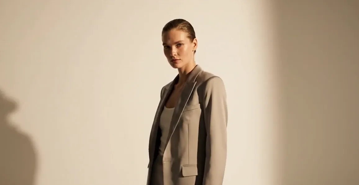 Editorial fashion photograph of a model in a taupe suit