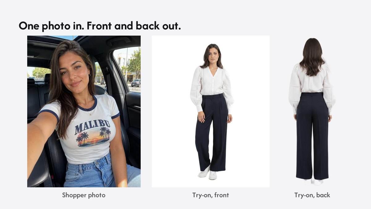 A shopper’s car selfie beside the same shopper rendered in a white blouse and navy wide-leg trousers, front and back