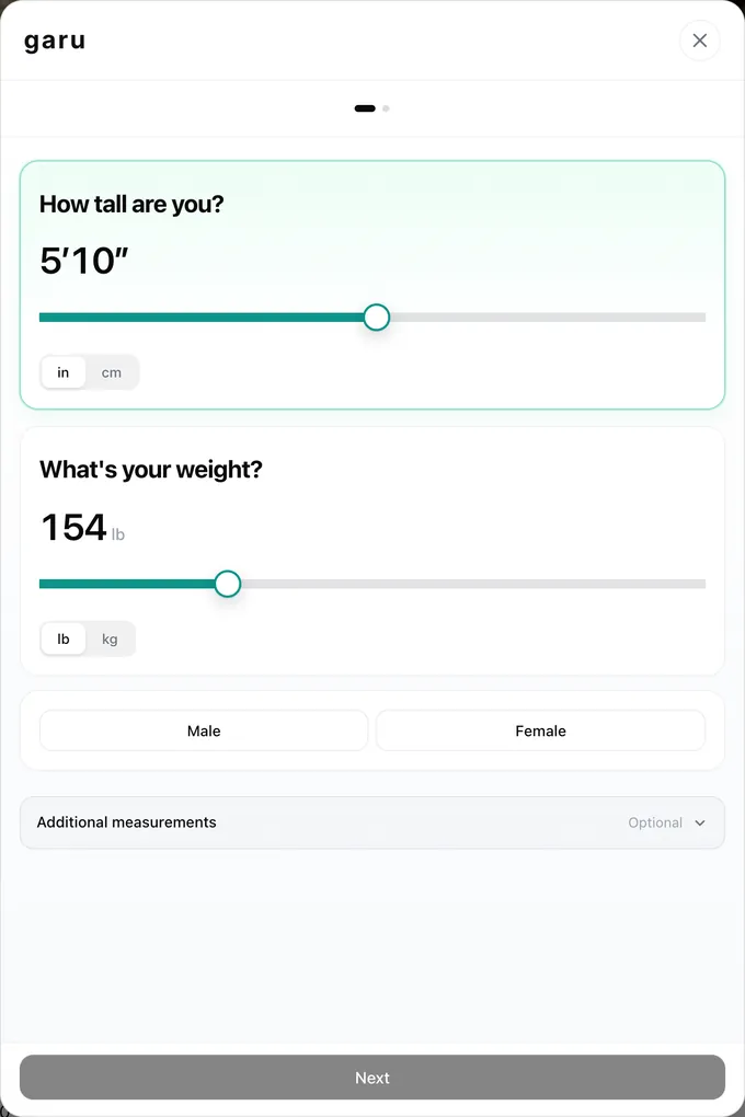 The Garu widget asking for height and weight