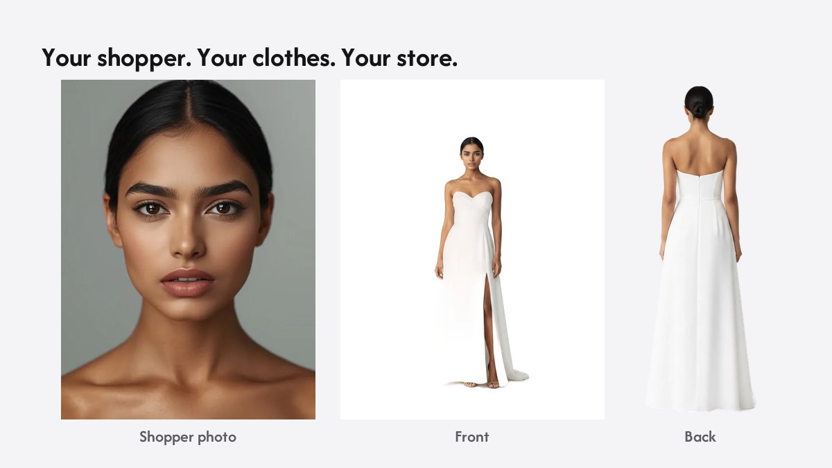 A shopper’s photo beside the same shopper rendered in a white strapless gown, front and back