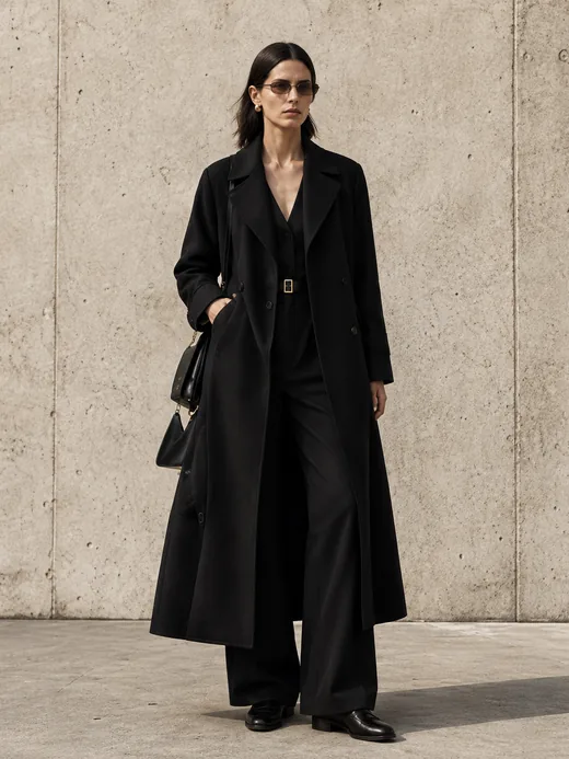A long black coat over a matching suit
