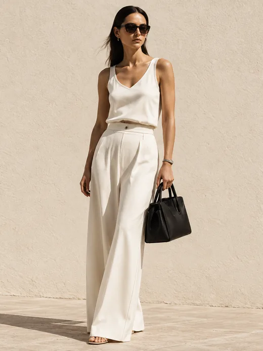 A cream knit vest and wide-leg trousers on an AI fashion model in daylight