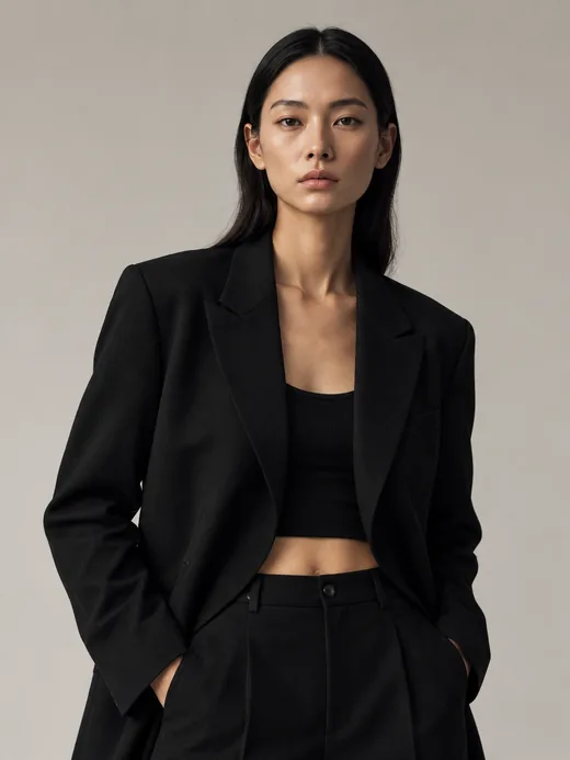 A single-breasted black blazer over tailored trousers