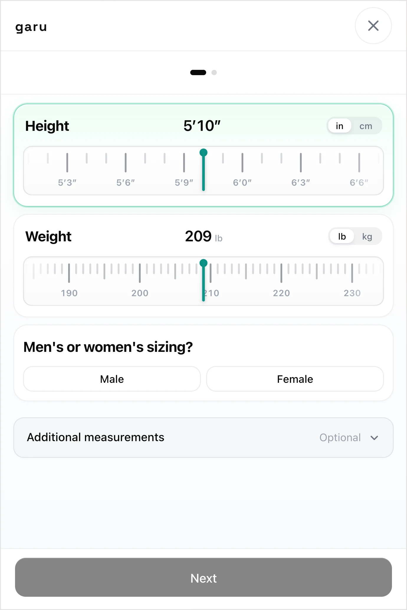 The Garu sizing widget with the height slider set to 5 foot 10